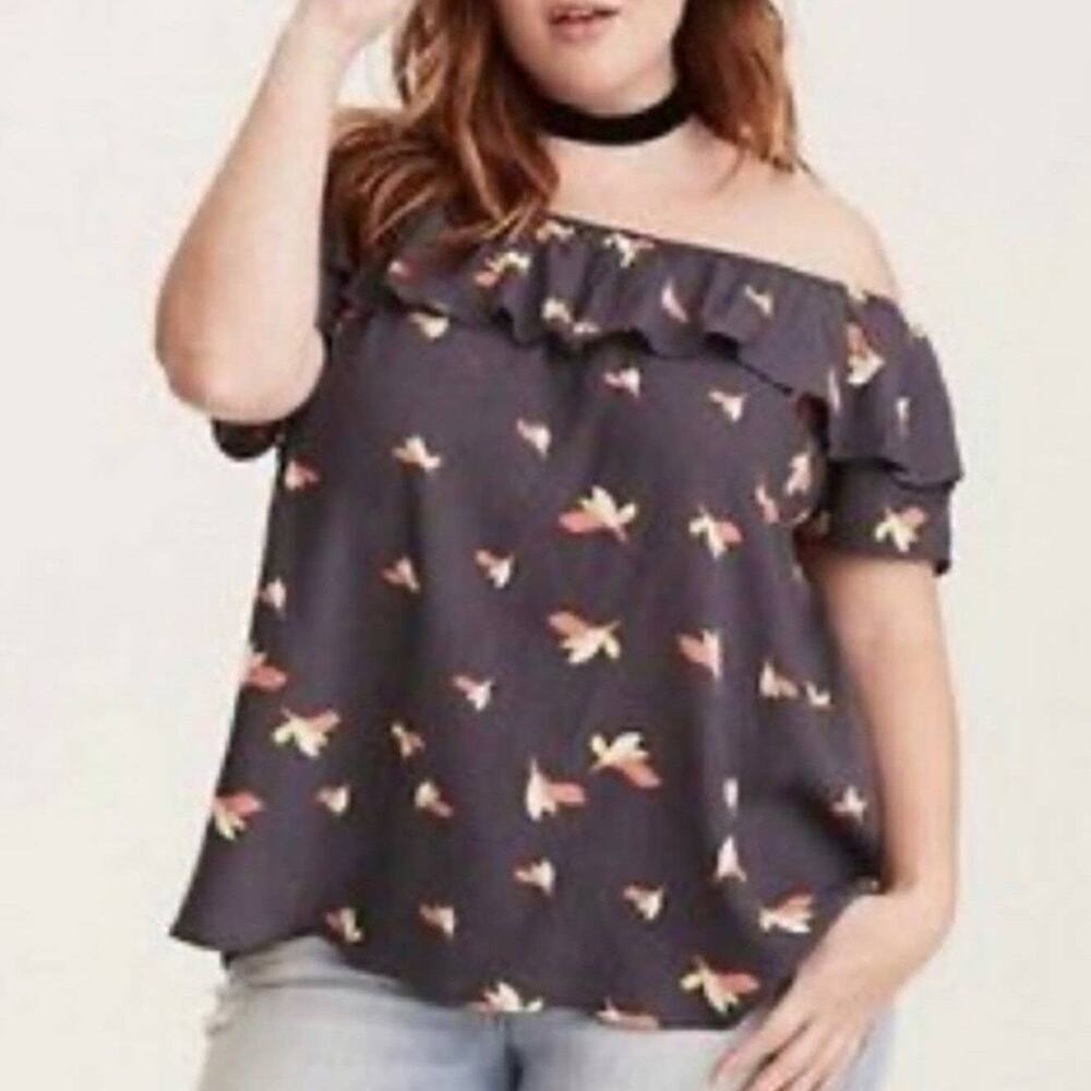 TORRID Gray Butterfly Print Off Shoulder Ruffle Blouse Size 1 14-16/1X